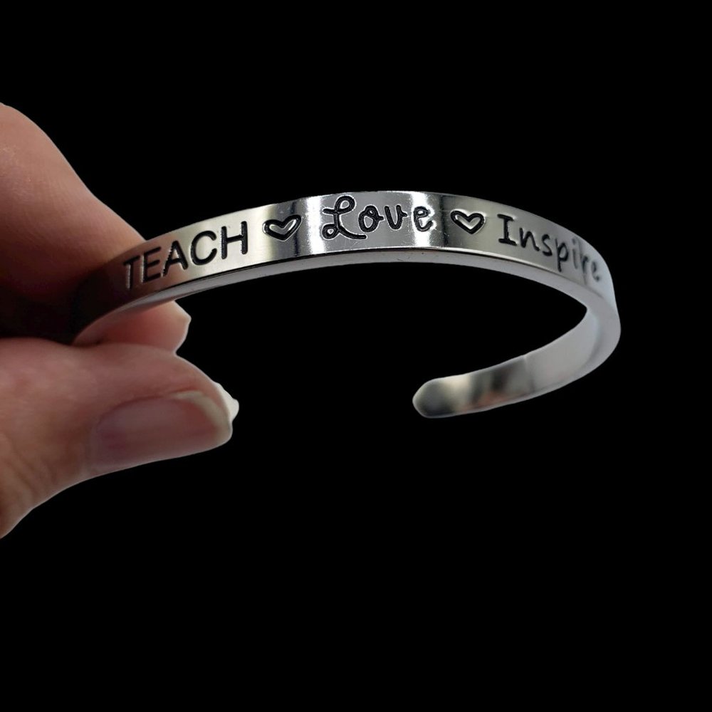 Teacher Gift Teach Love Inspire Hand Stamped Bracelet Stainless Steel - Picture 5 of 8